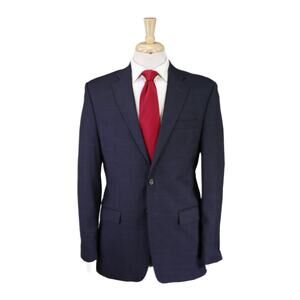 Lauren Ralph Lauren Mens Gray Navy Blue Windowpane 2-Btn Wool Suit 38R